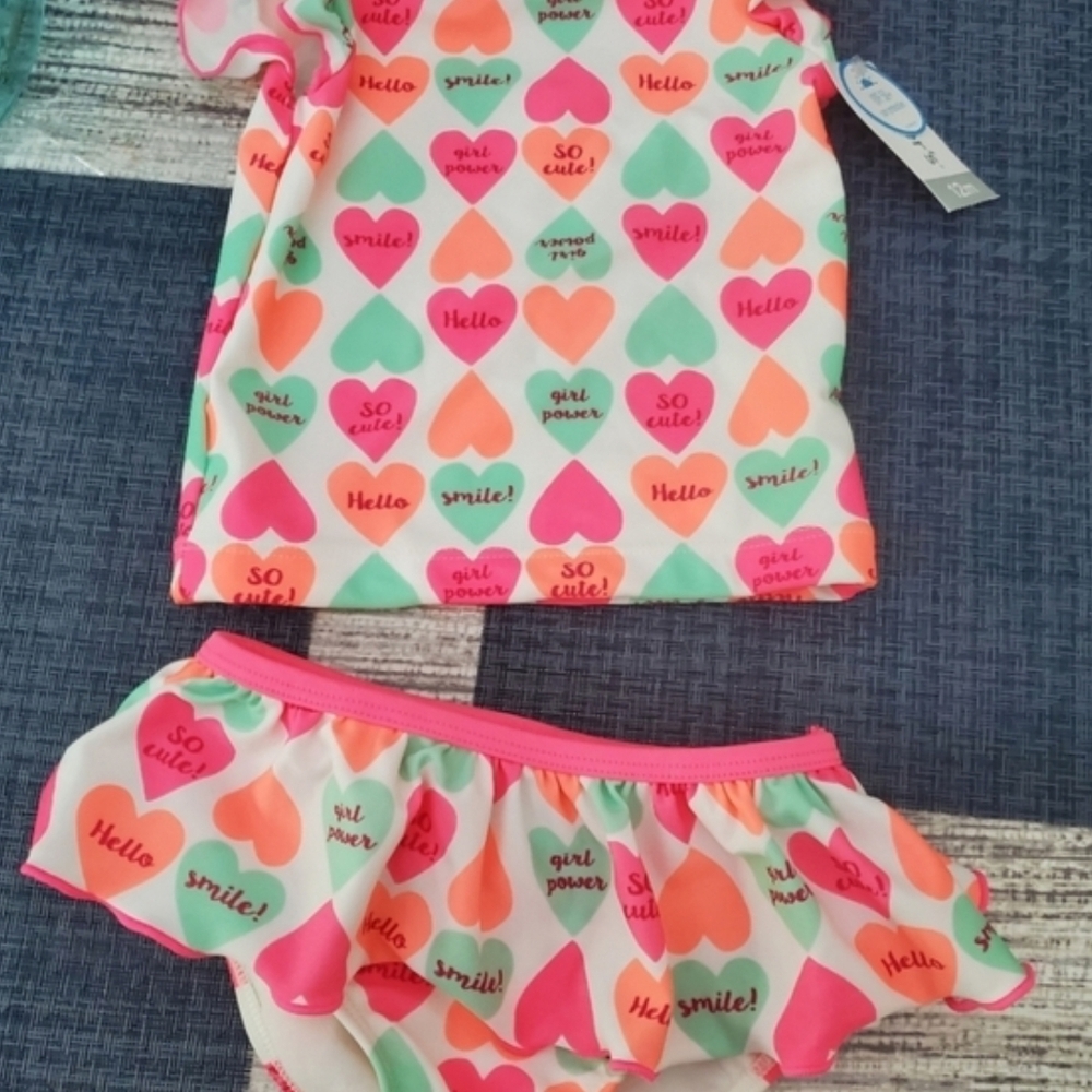 Carter's Girls Heart Print Swim Set - Pink, Coral & Mint